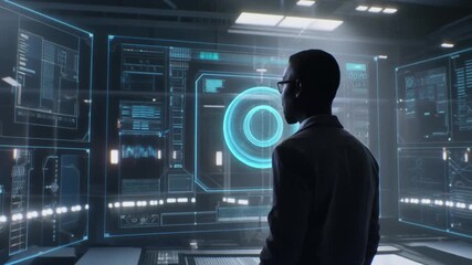 A man in a suit stands in a futuristic control room, observing a large holographic display with complex data and interfaces - Powered by Adobe