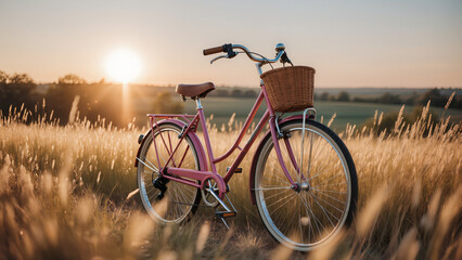 beautiful landscape image with Bicycle at summer grass field, classic bicycle,old bicycle style for greeting Cards post card
