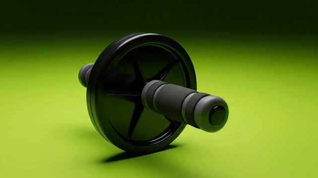 Rotating abstract wheel with cylindrical details on green gradient background in motion