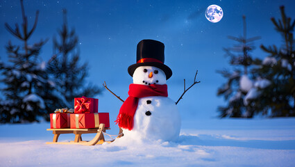 Obraz premium A festive snowman stands guard over christmas presents in a snowy winter night scene