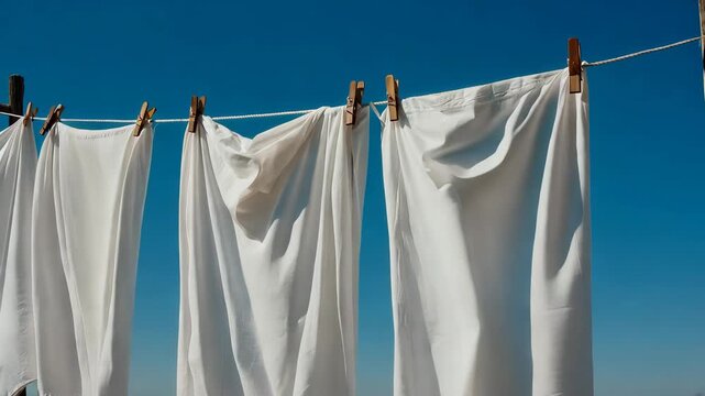 White bed sheets hanging on an outdoor clothesline under a clear blue sky, gently moving in the breeze, conveying freshness, cleanliness, simplicity, and sustainable everyday living.