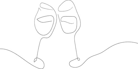 Hand drawn wine clinking glasses one line art, contour continuous drawing.minimalistic black-and-white drawing of two hands clinking wine glasses in a toast