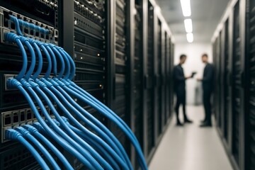 Two professionals discussing in a data center, with blue network cables in focus, illustrating the technology environment.