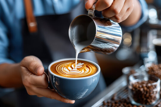 Barista creates latte art while pouring milk into coffee at a cafe in the morning - Powered by Adobe