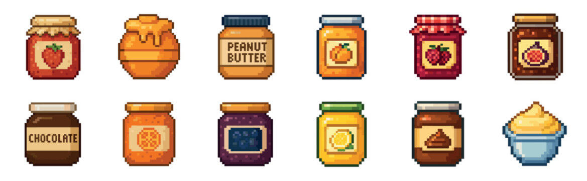 Pixel art collection of colorful jam jars and food spreads in a retro video game style, featuring various fruit preserves, honey, chocolate, and peanut butter for a pantry theme
