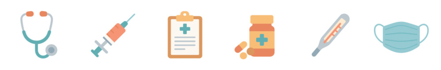 Obraz premium Collection of medical and healthcare icons in a flat design, featuring a stethoscope, syringe, patient chart, medication, thermometer, and a surgical face mask