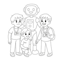 Black and white coloring page showing people with badges and a robot at a robotics and technology exhibition. Line art illustration for expo notebooks, planners, corporate printing and modern tech eve