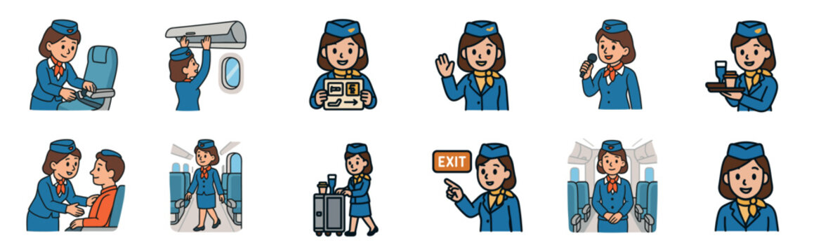 Collection of cartoon flight attendant illustrations showing a friendly female cabin crew member in a blue uniform performing various duties like serving drinks and assisting passengers