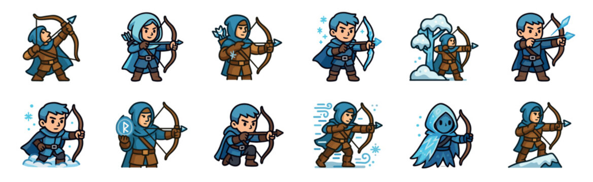 Large set of twelve fantasy archer character sprites in a cute cartoon style, showing winter warriors and hunters aiming their bows with ice and wind effects