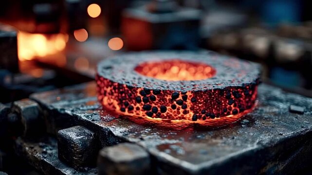 Red hot metal ring cooling down on an anvil after being forged in a metallurgy plant, showcasing the heat and energy of the steelmaking process with glowing embers and a dark industrial background