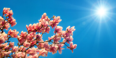 Magnolia blossoms on a tree branch under the beautiful bright spring sun against the clear blue sky