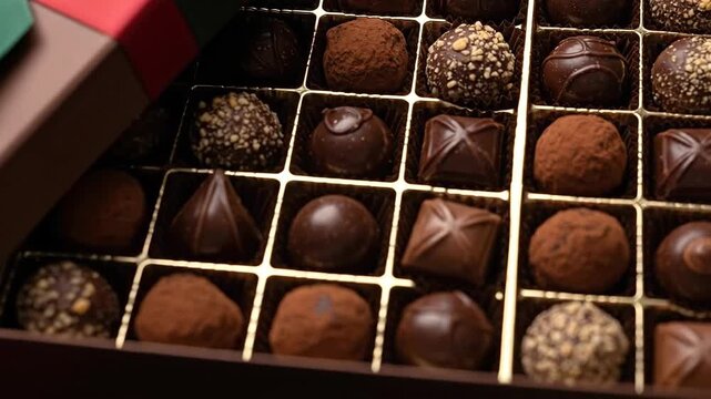 Opening a gift box filled with assorted luxury chocolates wrapped in festive ribbon