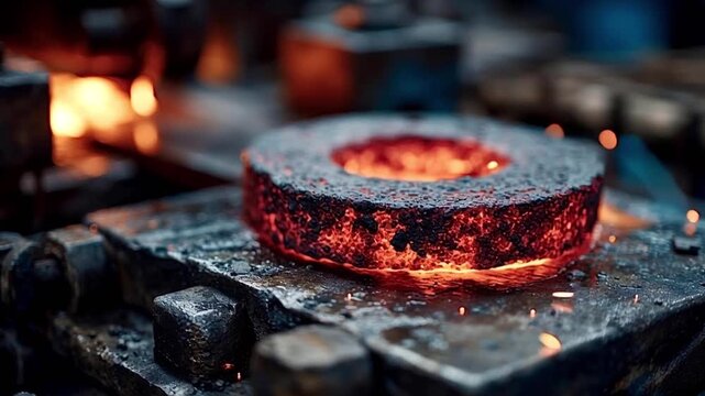 Molten metal workpiece glowing red hot while cooling down on an industrial anvil in a forge, with sparks flying and steam rising from the surface in a heavy industry metallurgical plant