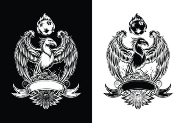 Vintage soccer badge template with blank ribbon for text edit. Retro football emblem t-shirt design with grunge texture. Monochrome engraving style vector illustration.