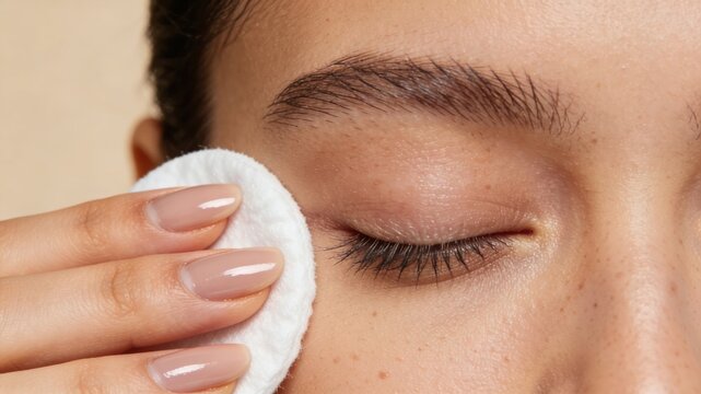 Mujer joven limpiando suavemente su rostro y ojos cerrados con un disco de algod&oacute;n, concepto de higiene facial y belleza