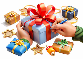 a person holding a gift box with a red ribbon