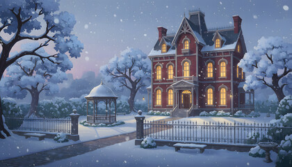 Victorian house courtyard in winter, evening snowfall, soft pale-blue twilight