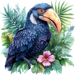 watercolor painting of Abyssinian Ground Hornbill, isolated on a white background.