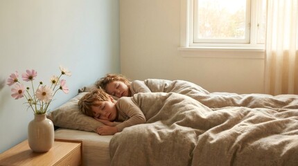 Two young children sleeping peacefully in a cozy bedroom, natural light, brother and sister sleeping