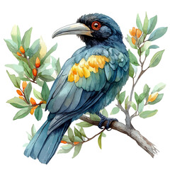 Abyssinian Ground Hornbill, watercolor illustration featuring playful movement and lively expressions, isolated on a white background. © trovexa