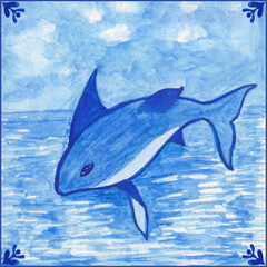 Hand drawn watercolor dolphin in the water Delft tiles