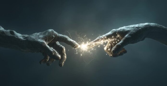 Humanistic metaphor of a synapse shown as two hands reaching across darkness, fingertips nearly touching as a spark of light forms, symbolizing connection, consciousness and neural communication.
