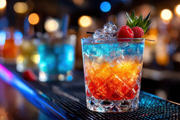 Naklejka premium Colorful cocktail served in a crystal glass at a vibrant bar during the night