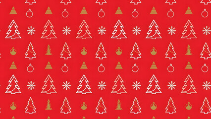 Seamless Red Christmas Pattern with White Outline Trees, Snowflakes, and Gold Ornaments