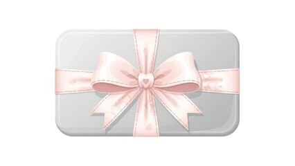 Soft gray gift card with pink satin ribbon bow on a silver gift box.