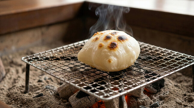 囲炉裏で香ばしく焼かれる熱々のお餅と湯気