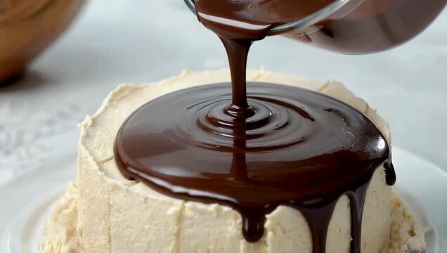 Delicious 4K close up of a piece of light cheesecake showing thick chocolate icing slowly being poured on top of the dessert completely covering it with a beautiful chocolate topping