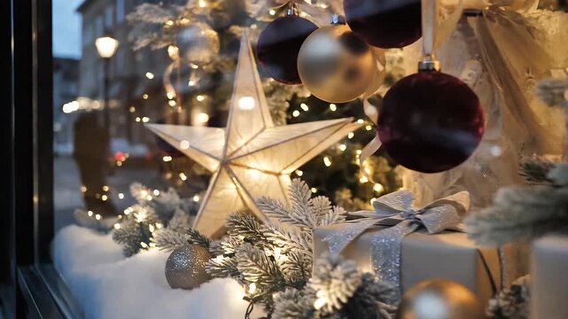 Christmas Store Window Display with Ornaments.