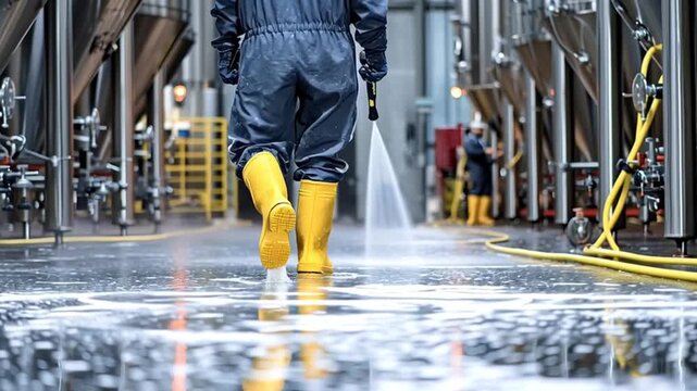 Professional sanitation worker in protective gear using a high pressure washer to clean and disinfect the wet floor of a modern industrial facility, ensuring hygiene and safety standards