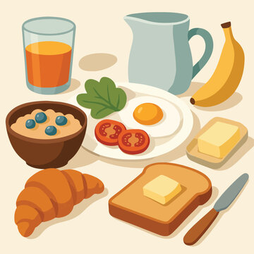 Breakfast Table Illustration with Eggs Toast and Fruit
