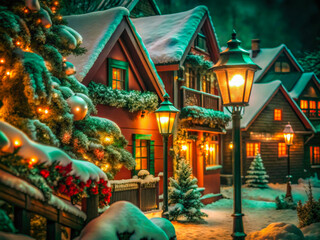 a christmas scene with a lit up tree and a house