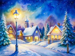 a painting of a snowy village with a street light