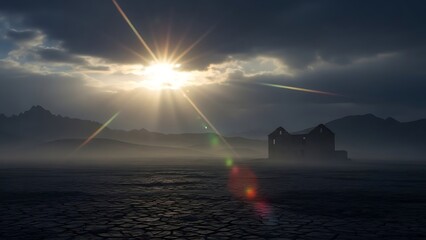 Sunbeam over an ancient structure on a desolate, cracked earth landscape under a stormy sky