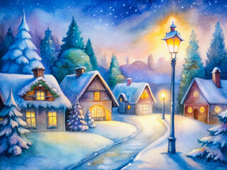 a painting of a snowy village with a street light