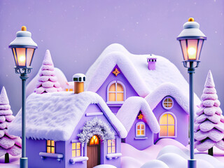 a purple house with a christmas tree and a lamp