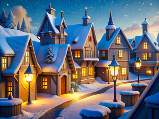 a snowy village with a christmas tree and a lit street