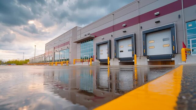 Industrial loading docks captured in low angle shots, showcasing reflections on wet pavement, with gradual camera zooming in for detail