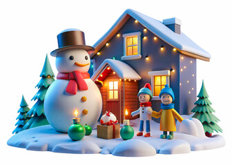 a snowman and a snowman are outside a house