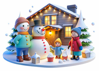 a snowman and two children are outside a house