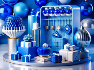 a blue christmas display with presents and ornaments