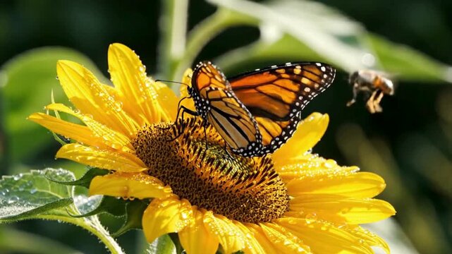 Vibrant monarch butterfly rests on a dew kissed bright yellow sunflower with a bee approaching in background