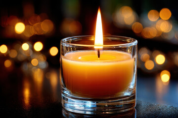 Warm glow from a candle enhancing a cozy atmosphere in a dimly lit setting