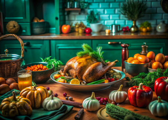 a turkey on a plate with vegetables and fruit