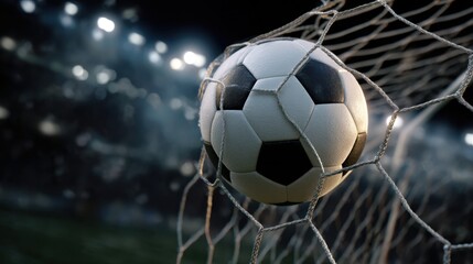 Naklejka premium A soccer ball strikes the net while players compete in a match at night. Bright stadium lights illuminate the scene highlighting the excitement of the game.