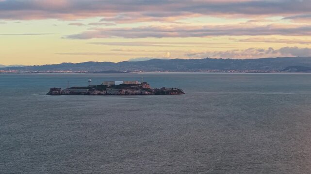 This beautiful aerial captures the famed Alcatraz Island prison complex located in the San Francisco Bay during morning light