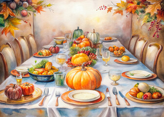 a painting of a table set for thanksgiving dinner